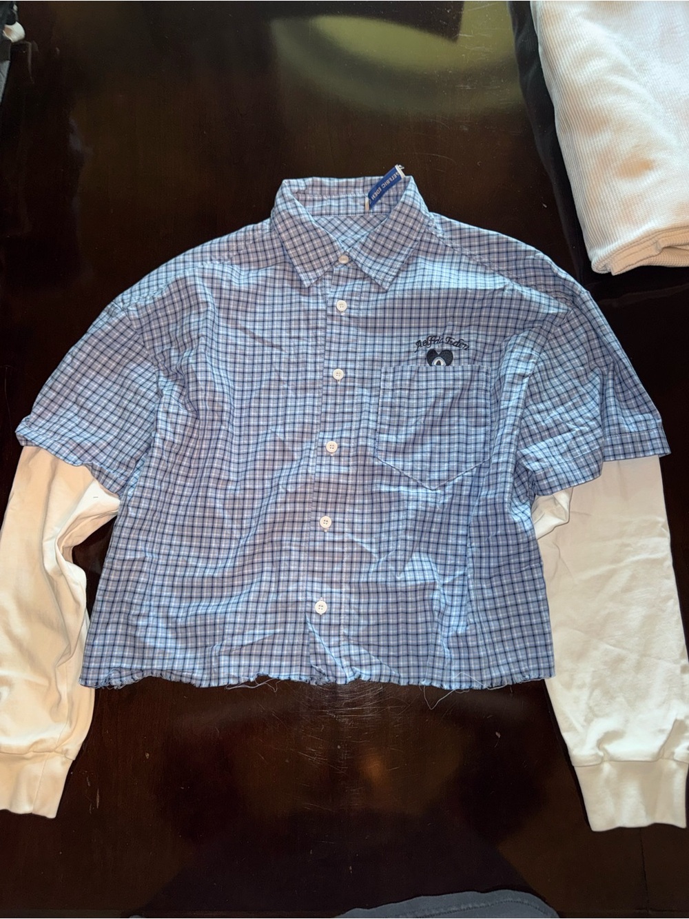 Aelfric Eden Blue Check Button-Front Shirt with White Layered Sleeves